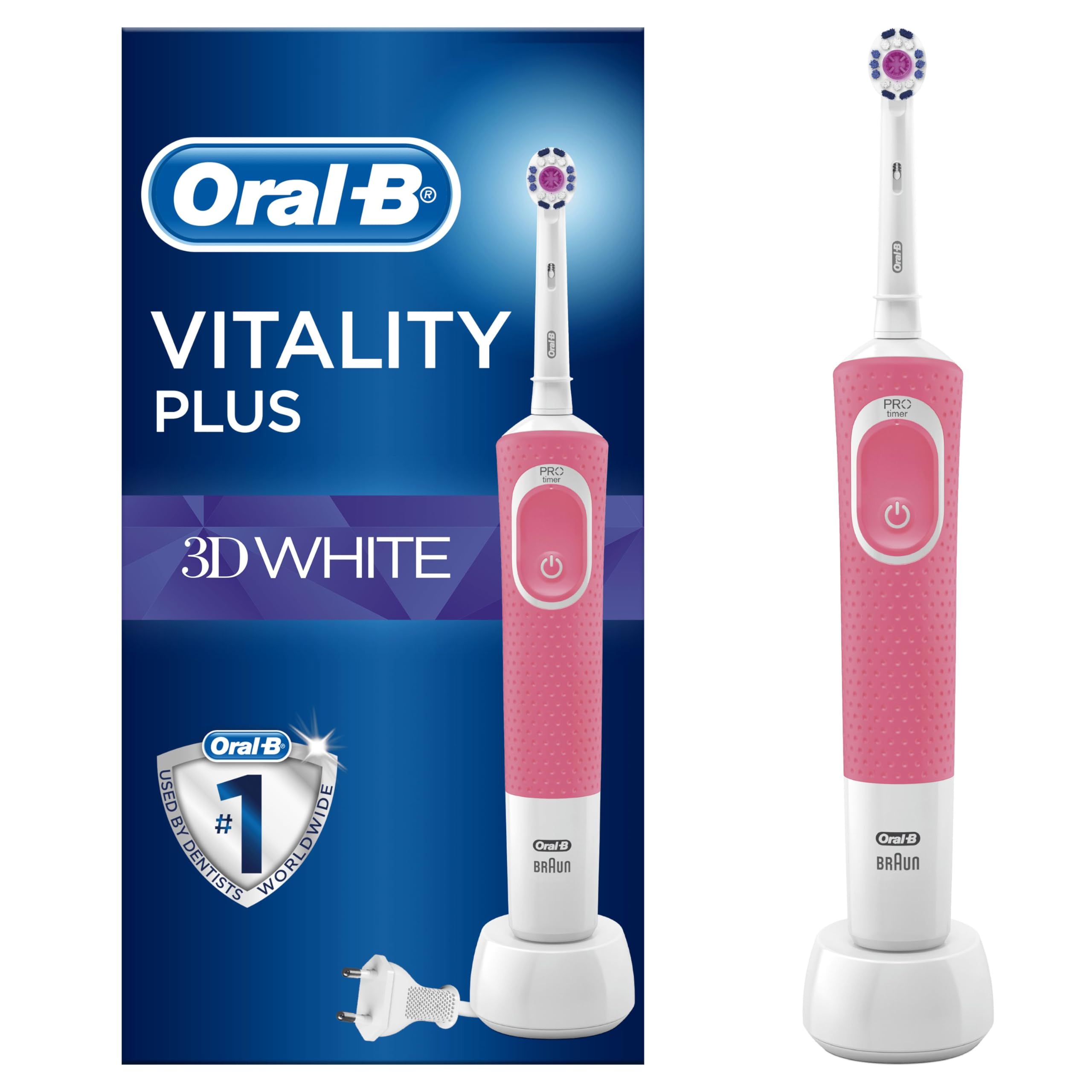 Oral-B Vitality Plus Electric Toothbrush, 1 Handle, 2 3D White Toothbrush Heads, 1 Mode with 2D Cleaning, 2 Pin UK Plug, Pink & Blue