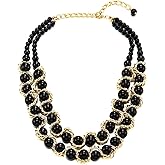 COOLSTEELANDBEYOND Two-Layers Choker Collar Statement Necklace Black Onyx Beads String with Gold Braided Chain Pendant
