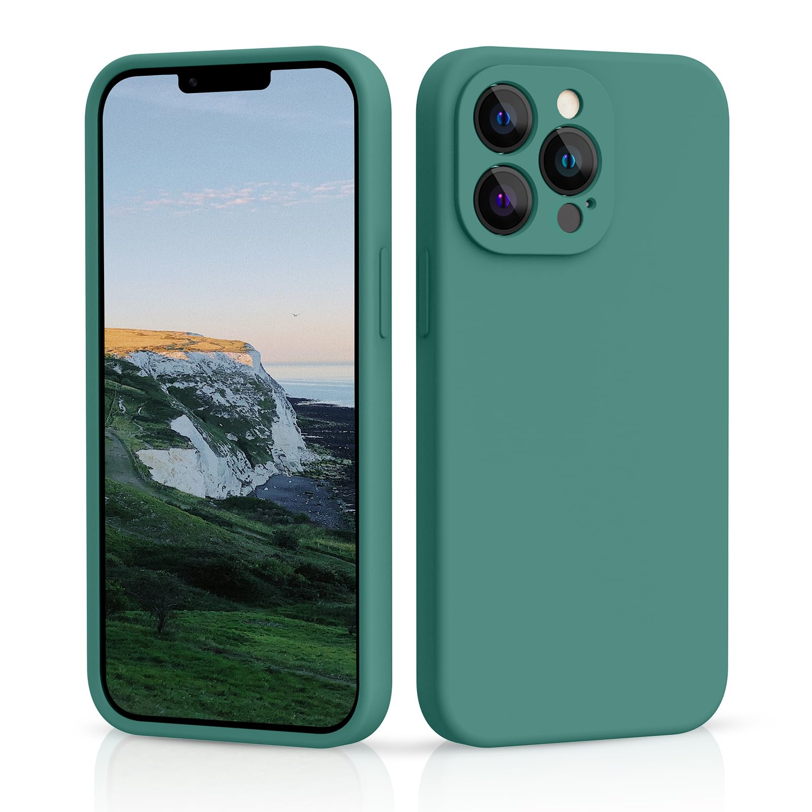 CALOOP Slim-Fit for iPhone 13 Pro Max Case,Skin Soft Liquid Silicone,Sturdy Hard Frame Shockproof Cover with Anti-Scratch Microfiber Lining,Full Protection for Screen and Lens, 6.7 inch(Pine Green) — image 1