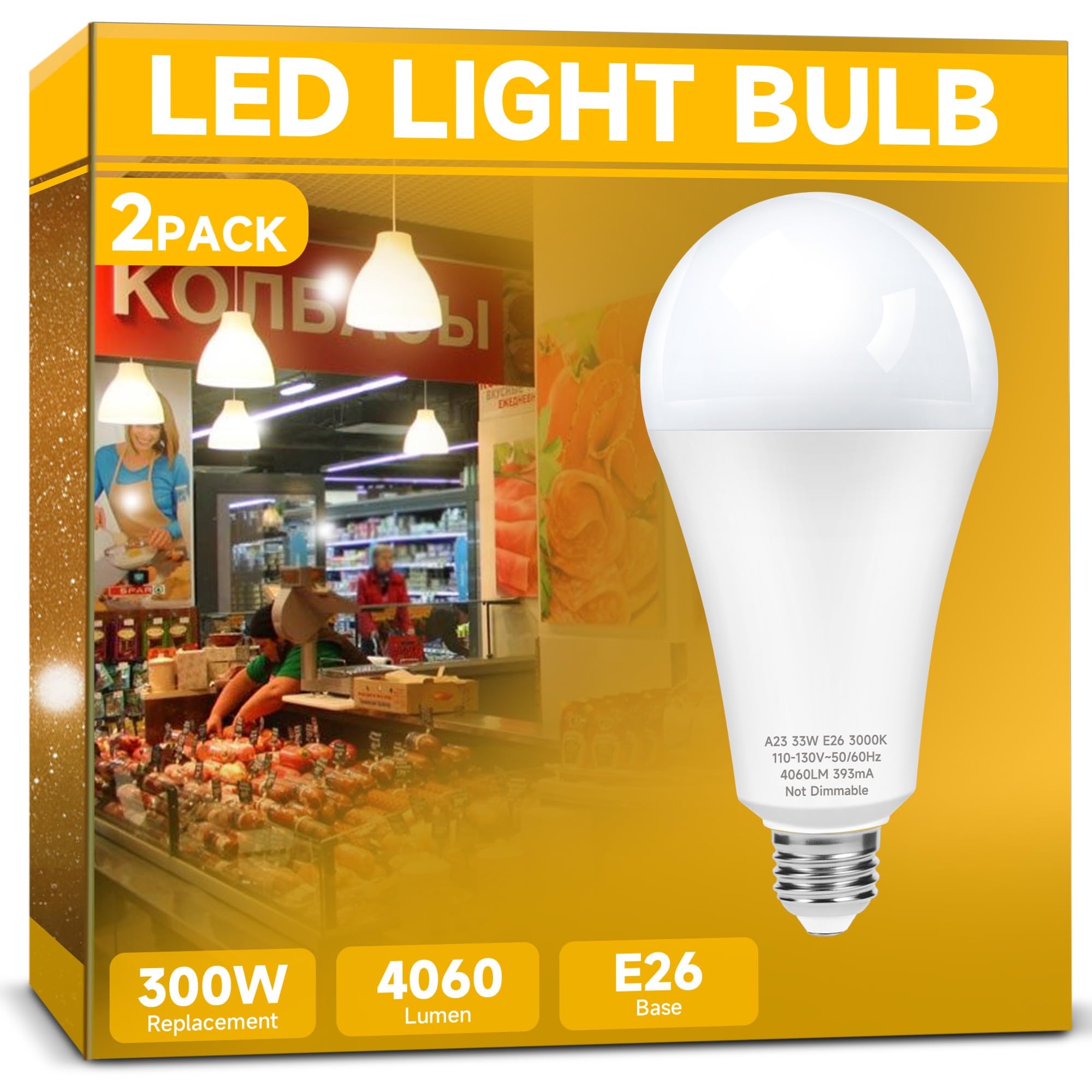 Photo 1 of Prosperbiz 300W Equivalent LED Light Bulb, Super Bright 4060 Lumen Warm White 3000K, A23 E26 Medium Base 33 Watt LED Bulb for Garage Warehouse Workshop Backyard Patio Street Supermarket, 1-Pack