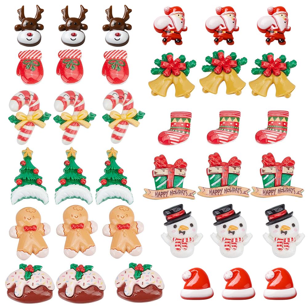 SUNNYCLUE 1 Box 48Pcs 12 Styles Christmas Resin Cabochons Christmas Resin Charms Xmas Tree Snowman Bell Candy Cabochon for Embellishments Headband Scrapbooking Cell Phone Case DIY Craft Party Decor