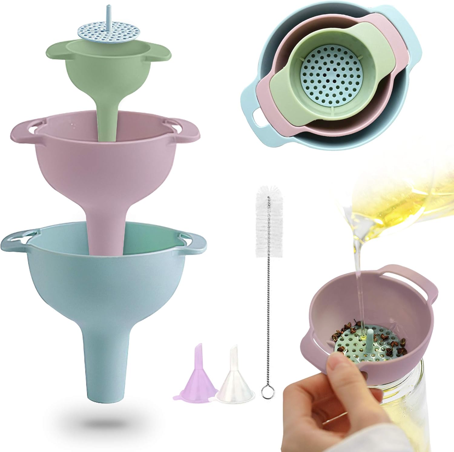 PRETTYFINE Funnel Set Nested Funnels with Handle 3 Pack Food Grade