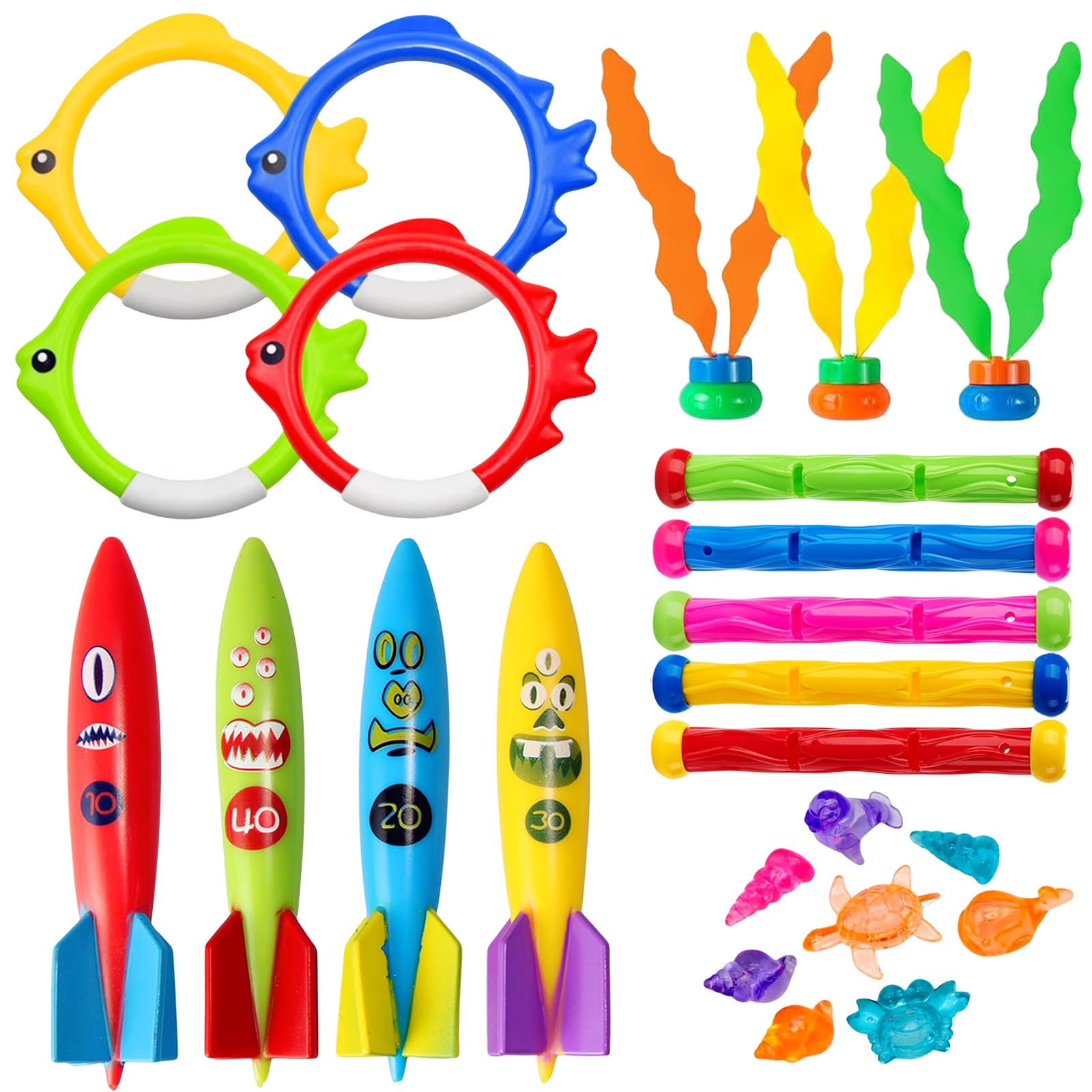 24Pcs Pool Diving Toys Set,Underwater Diving Toys Swimming Pool Toys Set Water Toy with Diving Torpedoes Dive Sticks Toys Bandits Diving Seagrass Marine Gem Diving Games Underwater Pool Rings for Kids