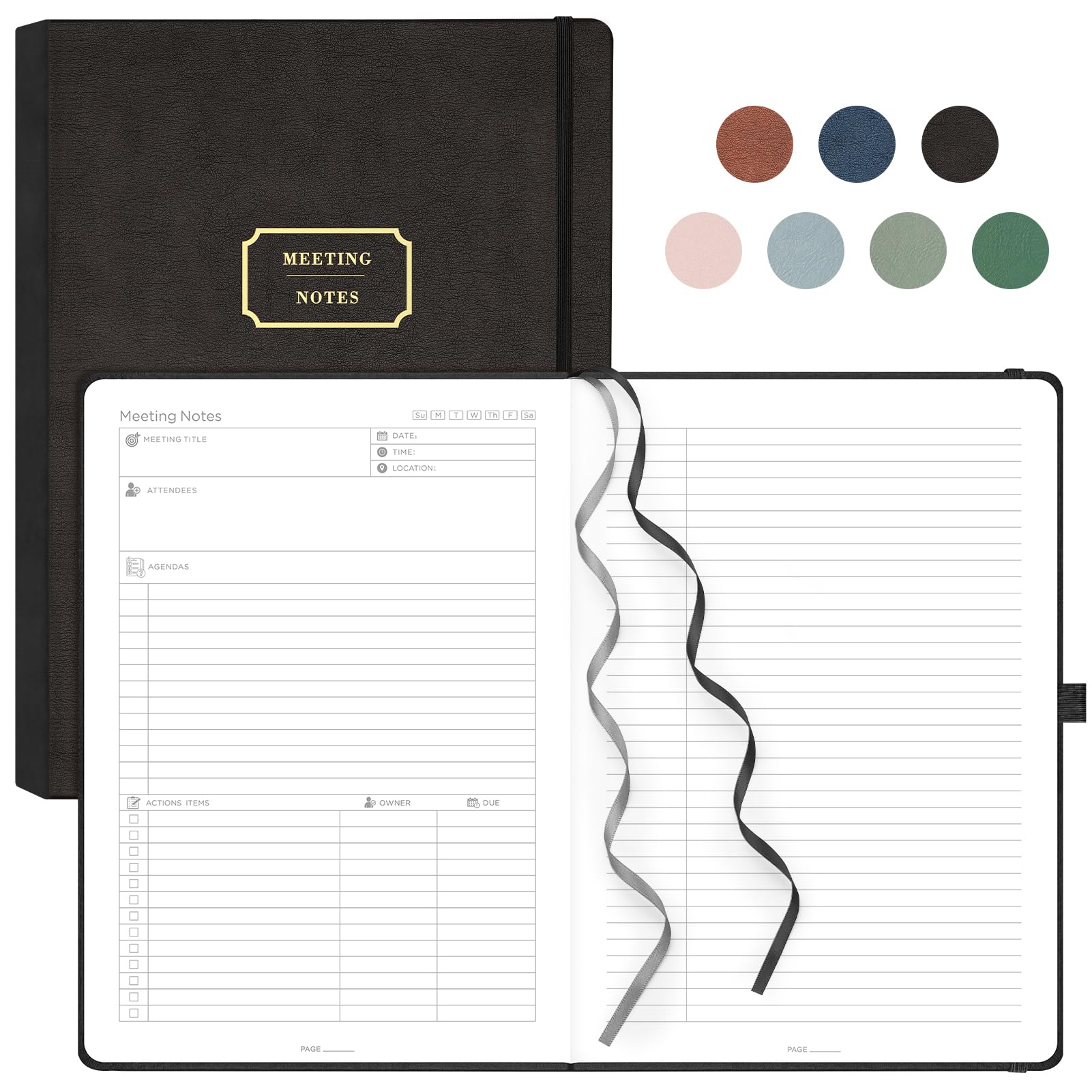 EMSHOI Meeting Notebook A4-240 Pages Hardback Diary To Do List Notepad Productivity Planner, Project Organiser, 100gsm Paper, Leather Journal for Women Men Business Work, 21.5 x 29cm - Black — image 1