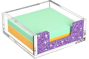 Rulyyo Acrylic Notepad Dispenser Organizer - 3 x 3 in Clear and Glitter Purple Sticky Note Holder W/O Pads Memo Holder for Dorm Room School Classroom Office Desk Organizer Aesthetic Supplies