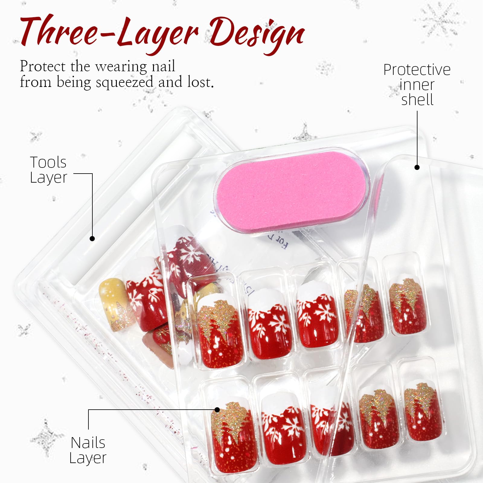 Winter Press on Nails Medium Square Fake Nails Winter Scenery with Snowflakes Design False Nails for Women Girl Christmas Manicure DIY Art Christmas Gift Packaging - Image 5