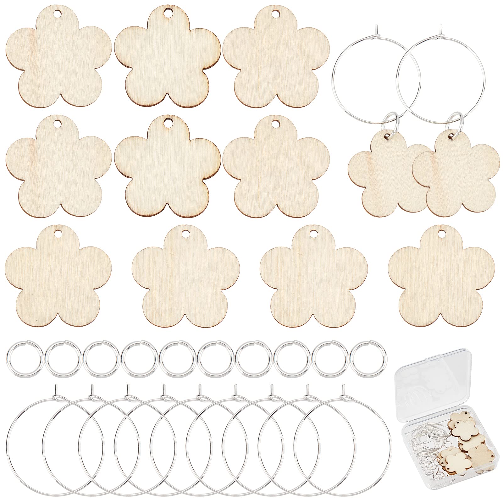 SUNNYCLUE 1 Box Wooden Wine Glass Charms Markers Tags Wood Flower Charm Glass Identifiers for Drinks Stem Glasses 20Pcs Wood Pendants 20Pcs Hoops 30Pcs Jump Rings Party Favors Family Gathering Adult