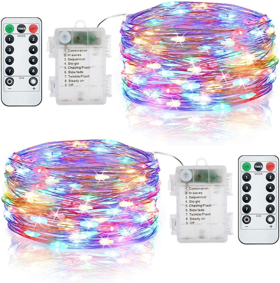 Ationgle 2 Pack Fairy Lights16ft 50 LED Copper Wire Christmas Lights Multi Colored Twinkle String Lights with Remote Control Battery Powered Decorative Easter Lights for Patio Garden Wedding Party