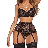 Avidlove Women Sexy Lingerie Set With Garter Lace Underwire Babydoll | 3 Piece Sexy Bra and Panty Sets,Garter Belt,High Waisted,Push Up Underwire,Bridal Honeymoon,Valentine's Day