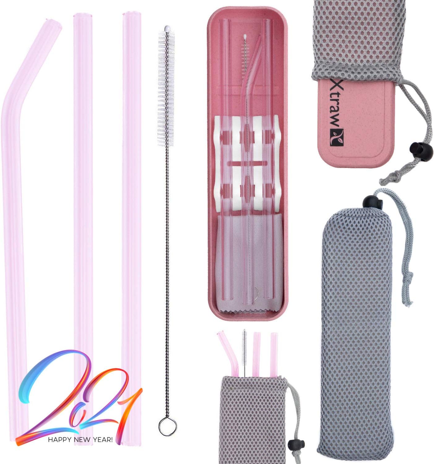 XTRAW Premium Reusable Glass Drinking Straws with Carrying Case and Protective Pouch Bag, Set of 3 with Protective Straw Stand, Cleaning Brush, Cleaning Cloth, Wheat Straw Plastic Travel Case, 7 inch