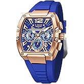 LIGE Men's Watch Skeleton Tonneau Square Chronograph Stainless Steel Quartz Analog Watches Waterproof Luminous Date Silicone Strap Durable Fashion Casual Business Dress Wrist Watch