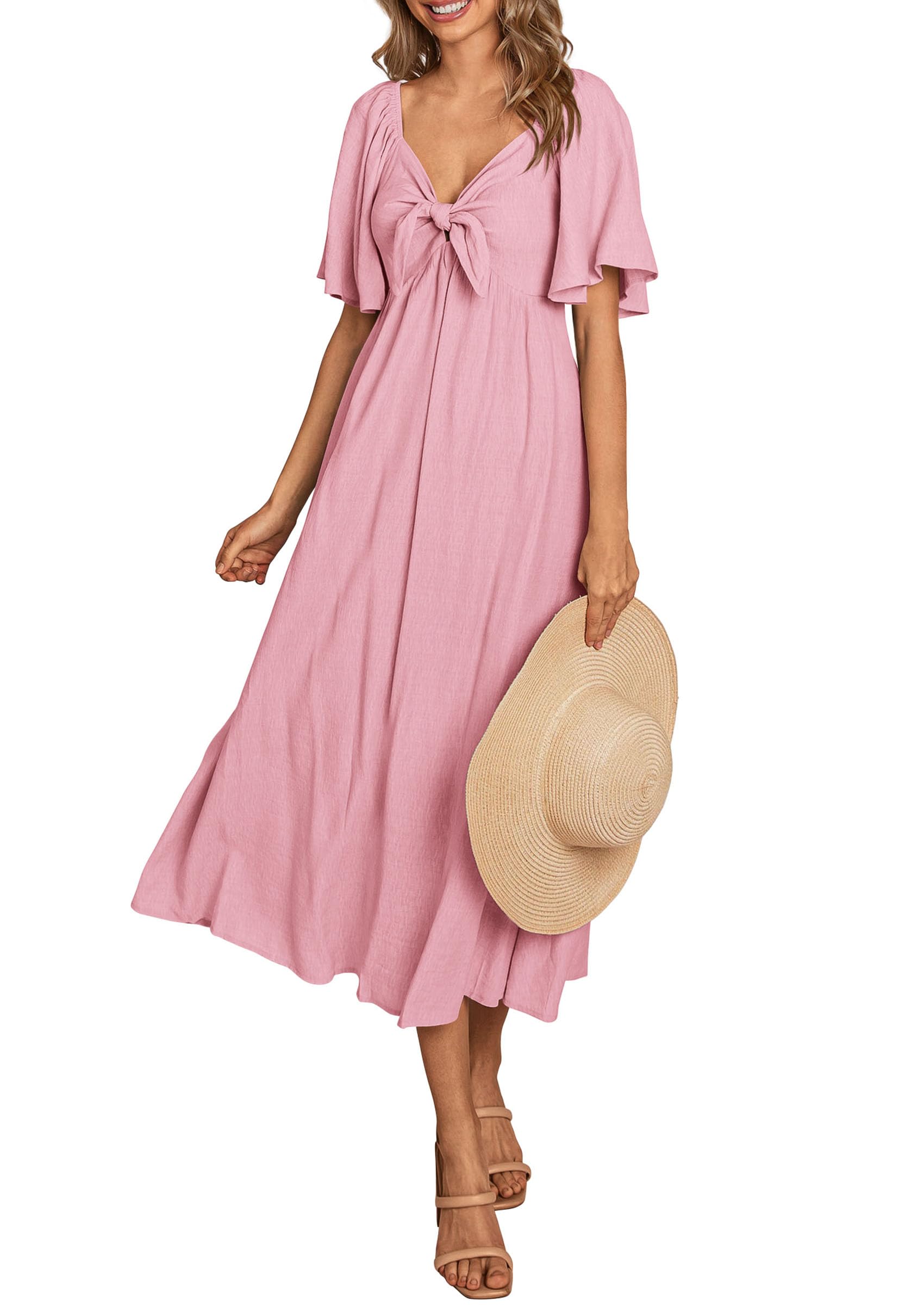 Photo 1 of PRETTYGARDEN Summer Dress for Women 2025 Casual Short Sleeve Bow Tie V Neck Ruffle Midi Flowy Dresses (Light Pink,Medium)
