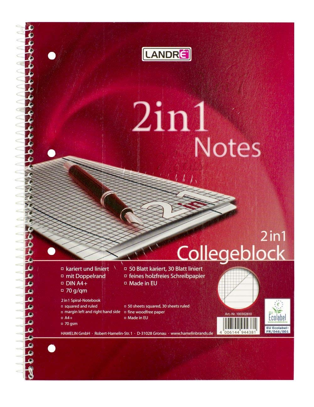 Land Reform 100302810 College Block 2-in-1, A4 Demolition, 80 Sheet, 70 G/Qm, 10-He Pack