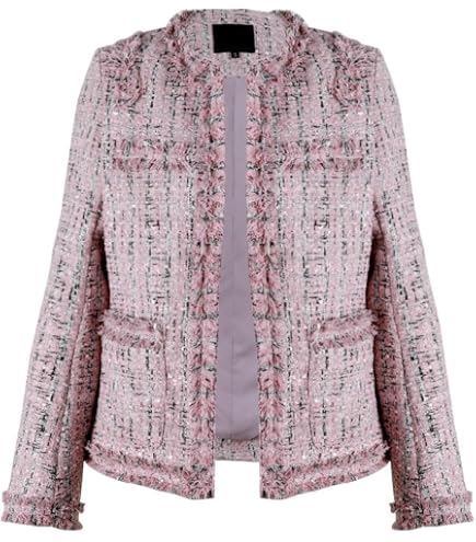ebossy Women's Elegant Open Front Round Neck Fringed Plaid Tweed