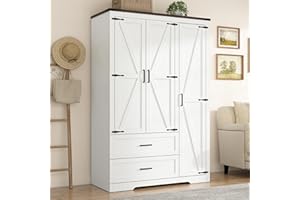 St.Mandyu Farmhouse Wardrobe Armoire Closet with 3 Doors and 2 Drawers, 70.1" Wooden Clothing Storage Cabinet, Freestanding Large Capacity Storage Wardrobe Armoire with Hanging Rod for Bedroom, White