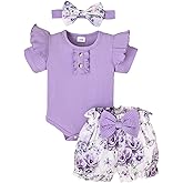 FOCICI Baby Girl Clothes Summer Outfits Newborn Romper Ruffle Sleeve Infant Flower Shorts with Bow Headband Set 0-18 Months