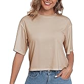 PRIMODA Women's Loose Fit Cropped T Shirts Crew Neck Half Sleeve Crop Tops Tee Shirts