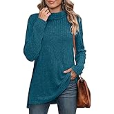 WIHOLL Womens Tunic Tops Turtleneck Long Sleeve Shirts Oversized Fall Sweaters Side Split High Low Hemline
