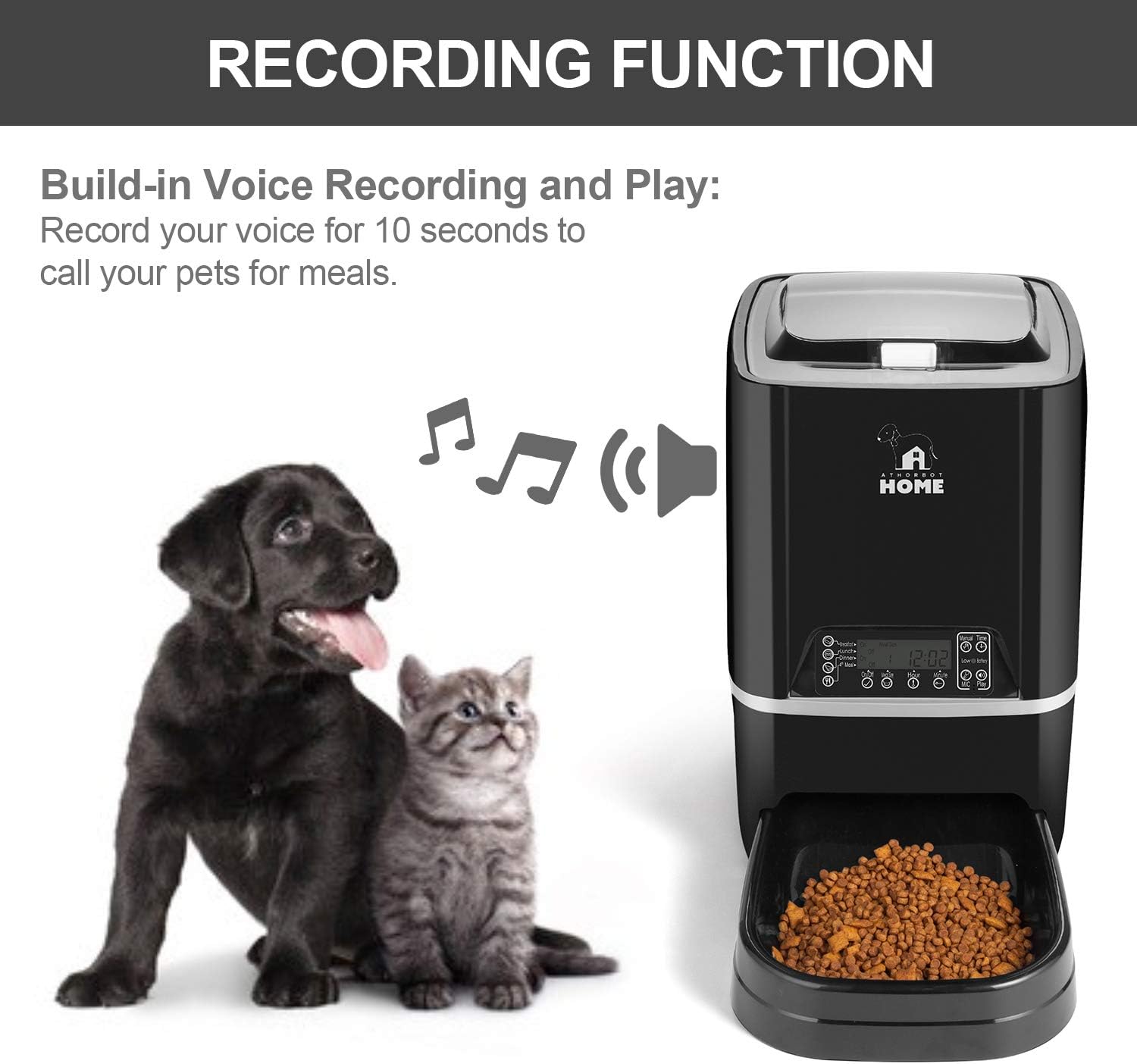 Automatic Pet Feeder | Auto Cat Dog Timed Programmable Food Dispenser Feeder for Medium Small Pet Puppy Kitten - Portion Control Up to 4 Meals/Day, Voice Recording, Battery and Plug-in Power 6.5L(Black) : Pet Supplies