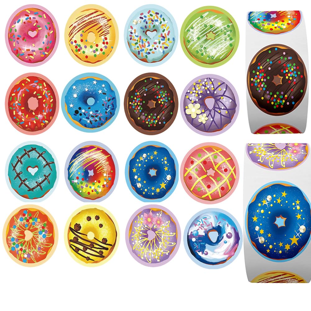 Photo 1 of 1000PCS Donut Stickers for Kids,1 Inch 16 Styles Cute Round Teacher Reward Encouragement Motivational Sticker Watercolor Donut Party Sealing Sticker Labels for Kids Party Classroom Decoration