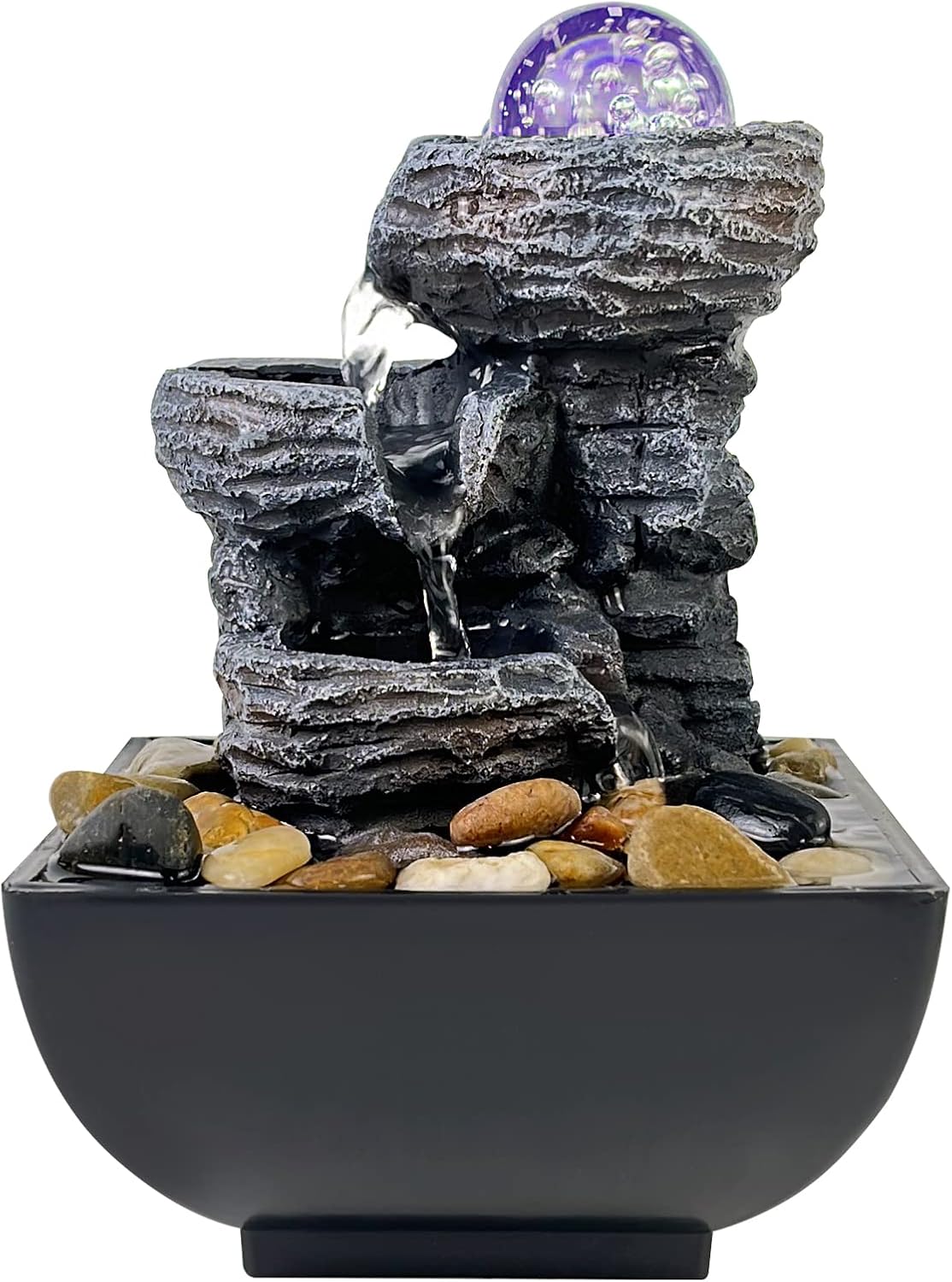 Indoor Fountains & Accessories - JOYENERGY Tabletop Fountain Rock Waterfall Function with LED Light Rotating Ball, Indoor Zen Meditation Desktop Fountain Includes Natural River for Home and Office Decoration