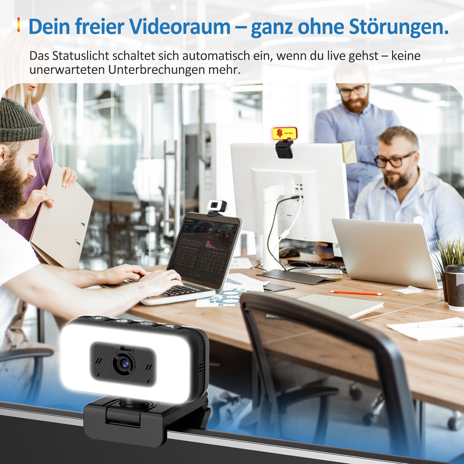 Danyesth 2K Webcam mit Mikrofon und Abdeckung – USB PC Kamera mit Licht, Zoom, Flip, Privacy-Cover – Externe Web Cam für Laptop, Desktop, Homeoffice & Streaming 4