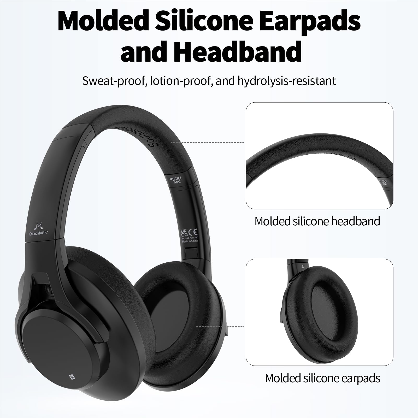 SoundMAGIC P58BT ANC Over Ear Hybrid Active Noise Cancelling Bluetooth Kopfhörer mit CVC Rauschunterdrückung, immersives Audio, niedrige Latenz, Schwarz 4