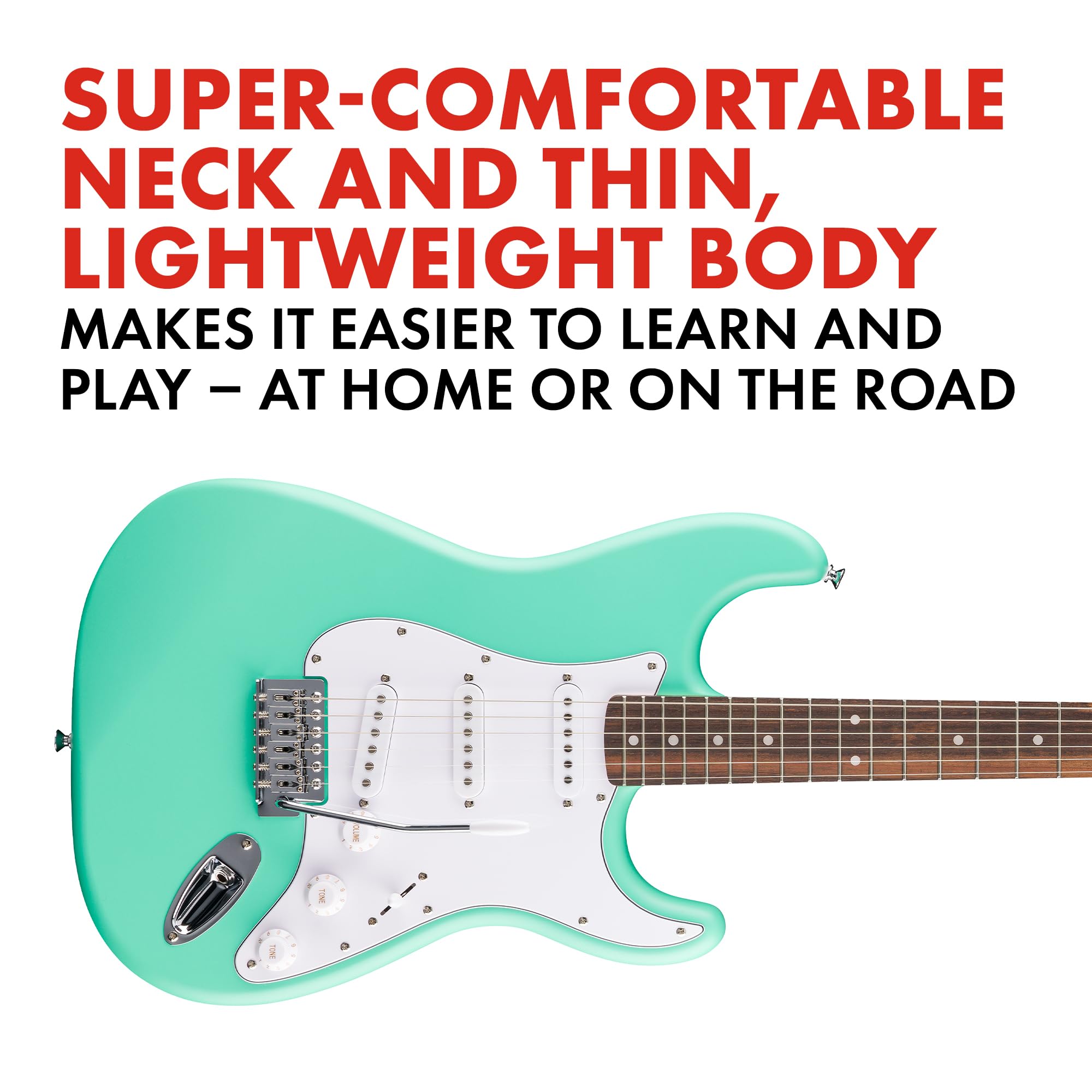 Guitarra eléctrica Fender Squier Debut Series Stratocaster, guitarra para principiantes, garantía de 2 años, incluye lecciones gratuitas, verde espuma de mar con acabado de uretano satinado