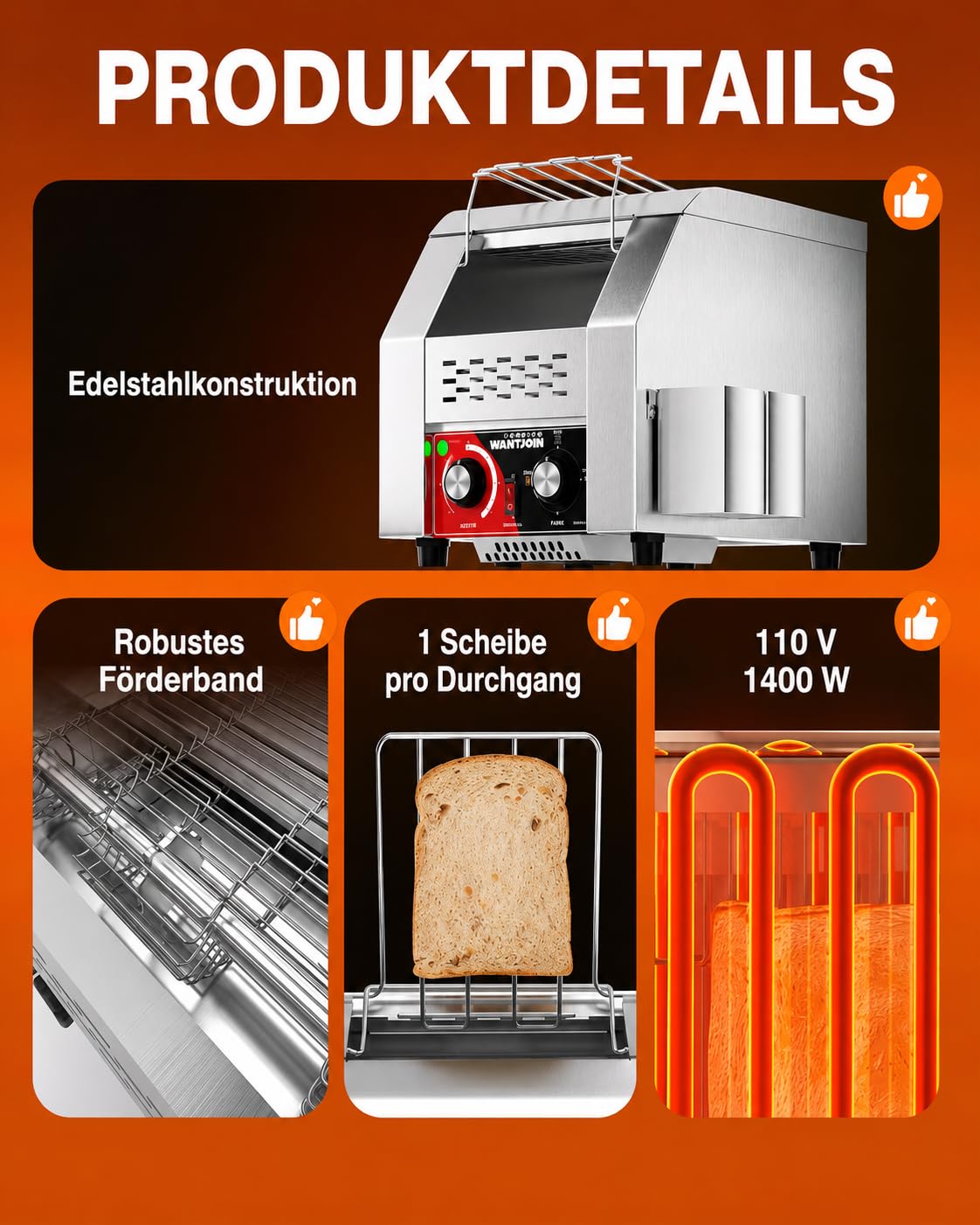 WantJoin Gewerblicher Durchlauftoaster – Elektrisches Gerät für 150 Scheiben/Stunde (Toast, Hamburger-Brötchen, Brot) Robuster Edelstahl-Toaster für Camping Restaurants, Bäckereien und Buffets 6