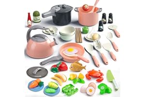 Bruvoalon 67Pcs Kids Play Kitchen Toys Set, Toddlers Pretend Cooking Playset Acccessories with Pots Pans, Utensils Cookware, Foods, Canned Veges, Learning Gift for Kids Girls Boys (Pink)