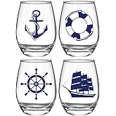 Nautical Stemless Wine Glasses Set of 4, Nautical Gifts for Boaters, Birthday Gift for Sailor, Anchor Compass Life Ring Helm Beach House Glasses 15oz, Coastal Ocean Marine Glasses for Wine or Cocktail