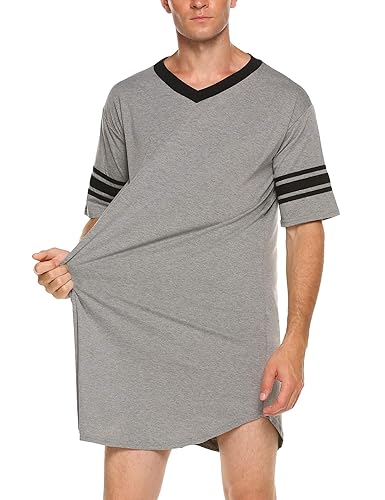 Ekouaer Mens Nightshirt Cotton Nightwear Comfy Big&Tall V Neck