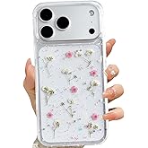 LSEEKA for iPhone 17 Pro Max Clear Case with Pressed Real Flowers Design,Glitter Cute Pink Floral Pattern Slim Soft TPU Protective Women Girl's Phone Cover for iPhone 17 Pro Max