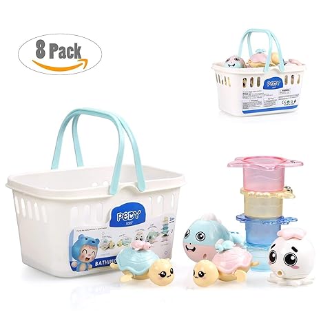 Pedy Badewannenspielzeug Baby Badespielzeug 8 Pack Wasserspielzeug mit 4 Ocean Tiere Spray-Wasser & Schwimmen und 4 Tier-Stap