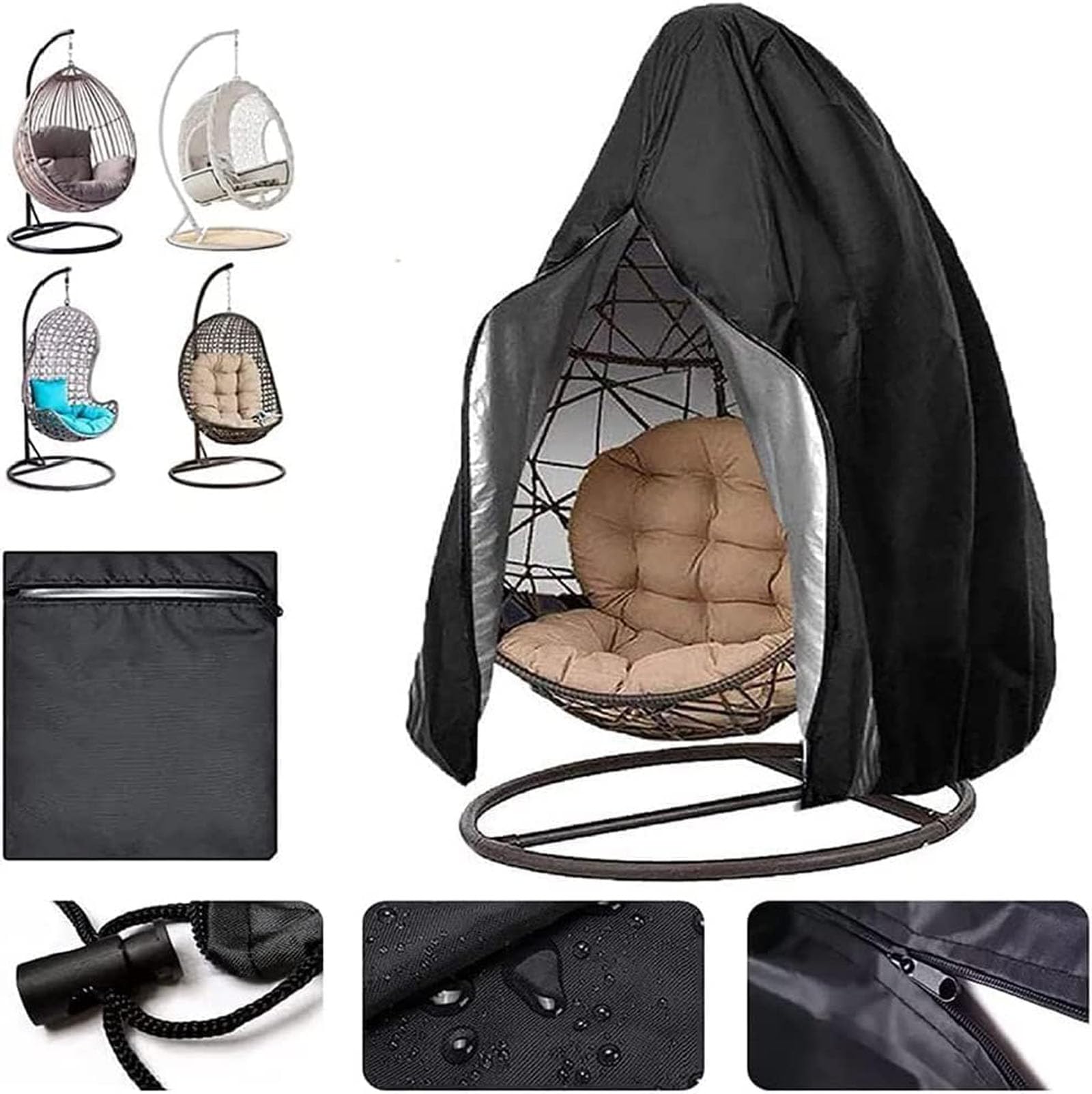 UZIMOO Patio Hanging Chair Cover - Egg Swing Cocoon Chair Cover with Pull, Garden Furniture Protector Wind Resistant Waterproof Outdoor, 190 x 115 cm