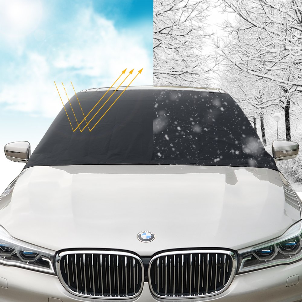 GOOACC Magnetic Windshield Cover, 8 x 2 Magnets Windshield Snow Cover - Car shade - Sun Shade - No More Scraping - Door Flaps Windproof Fits Most Iron Hood and Roof Car, SUV, Truck, Van with 92\