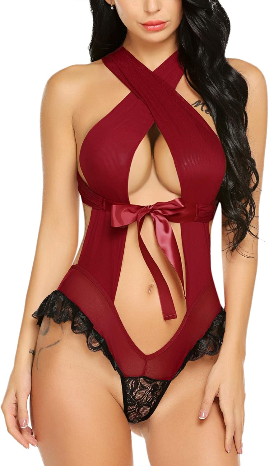 ADOME Women Lingerie Bandage Halter Teddy Cross Back Bodysuit Exotic Teddy Babydoll at  Women’s Clothing store
