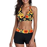 Century Star Women Two Piece Swimsuit with Boy Shorts - Modest Swimming Suits High Waisted Bathing Suits Bikini Set A3 Sunflower Print 8-10
