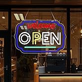 Chongart Open Sign for Business LED Neon Light – 16.8x11 Inch USB Powered Acrylic Wall Sign with Blue Trim, Red Welcome and White OPEN Letters for Store Window Shop Cafe Bar Decor