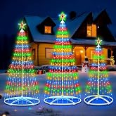 3-Pack Outdoor Lighted Christmas Trees with Remote Control - 5ft 6ft 7.5ft LED Cone Tree Lights, 12 Lighting Modes, IP65 Waterproof, Timer &amp; Dimming Function for Home Holiday Christmas Decor