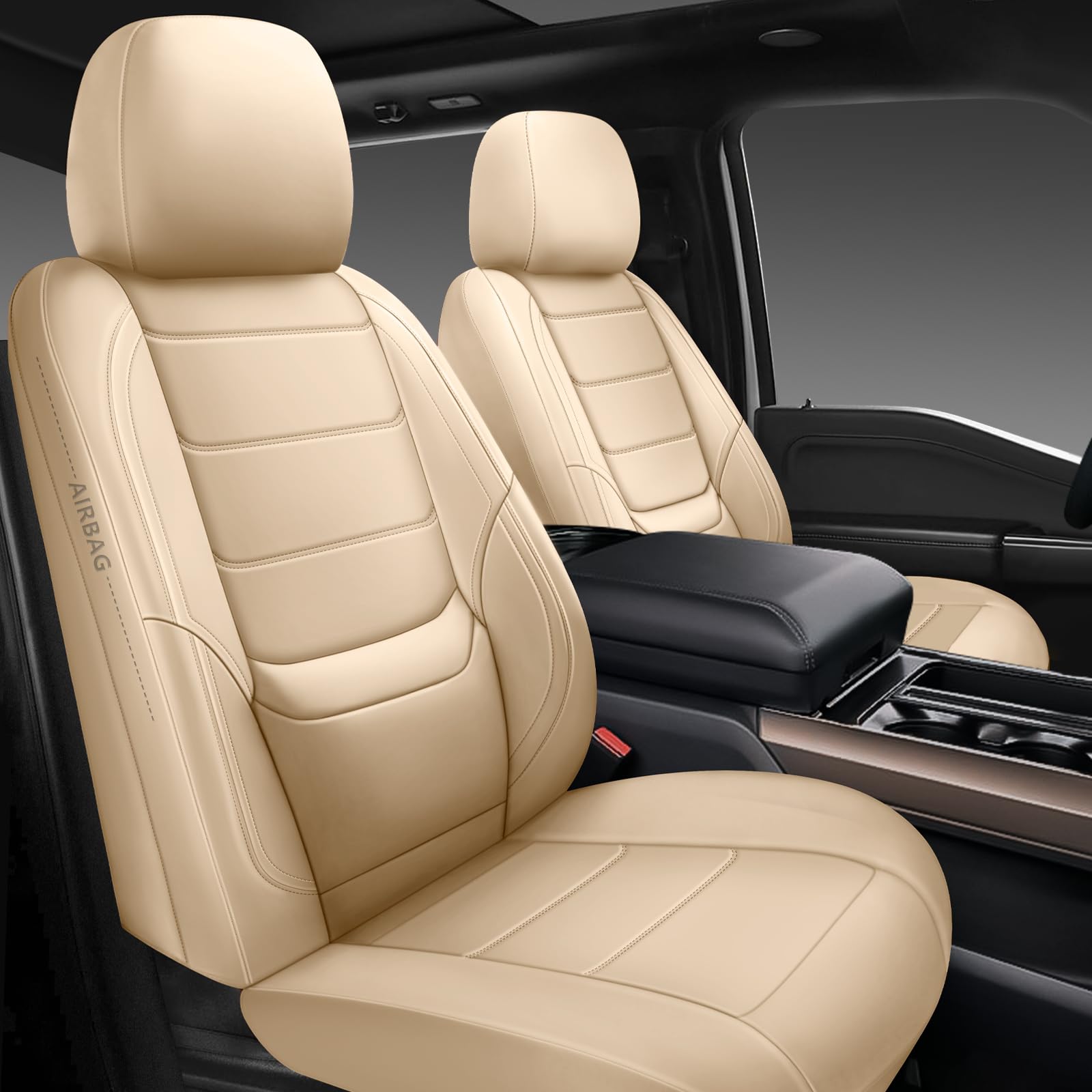 Photo 1 of BABYBLU Leather Car Seat Covers,Universal 2 Pcs Front Seat Covers for Cars,Waterproof Automotive Seat Covers for Most Vehicles SUV Pick-up Truck (Beige, Front Pair)