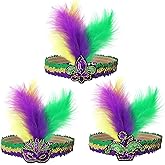 LUHUADUO 3 Pack Mardi Gras Fleur de Lis Headbands, Sequin Hair Bands with Feather Masquerade Party New Orleans Fantasy for Women Men Costume Party Favors, Purple Yellow Gold Green