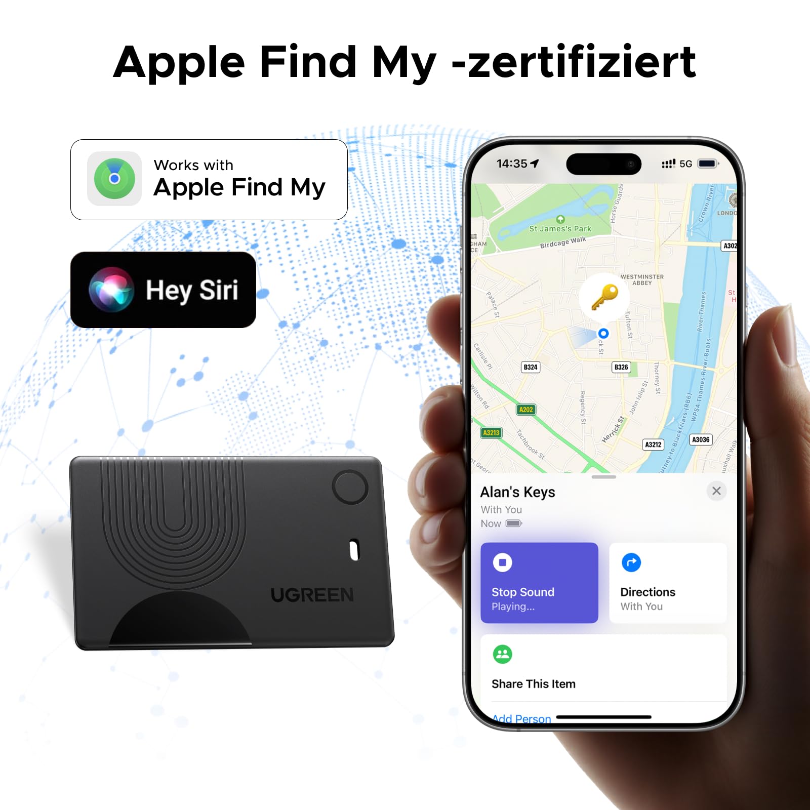 UGREEN FineTrack Slim kompatibel mit Apple Find My (nur iOS), Bluetooth Tracker Karte bis zu 7 Jahre Batterielebensdauer, 100dB Piepton, Geldbörsenfinder für Reisepass, Wallet, Rucksack (1 Pack) 2