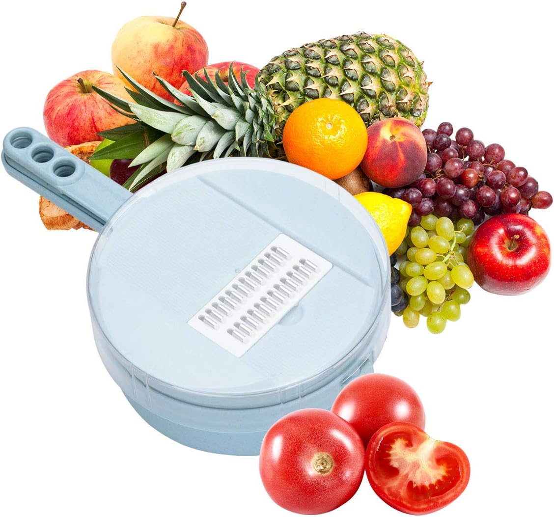 Vegetable Slicer 8 in 1 Mandoline Cutter Onion Chopper Dicer Cheese Grater Julienne Shredder with 4 Stainless Steel Blades Drainer Basket Egg White Separate Hand Guard Food Storage Container
