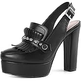 Younton Women's High Heel Loafers Platform Pumps Round Toe Heels Chunky Heel Pumps Stylish Comfortable 4.8 Inch Slingback Heels