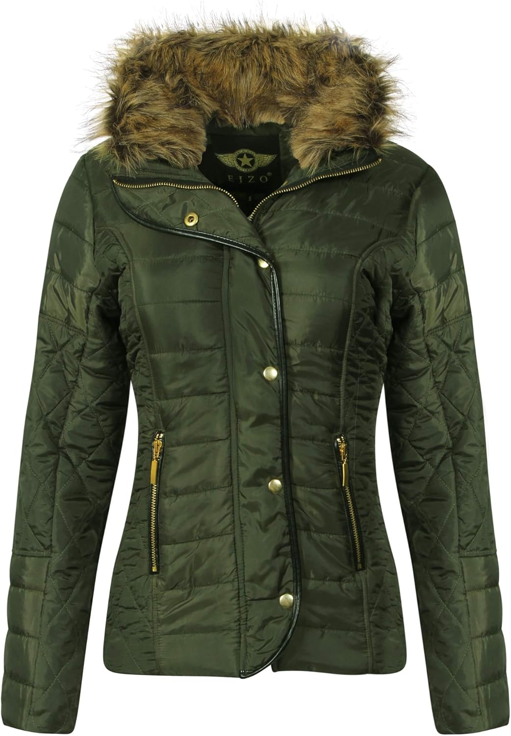 EJZO Brown Fur Puffer Jackets Women Ladies Quilted Jacket Padded