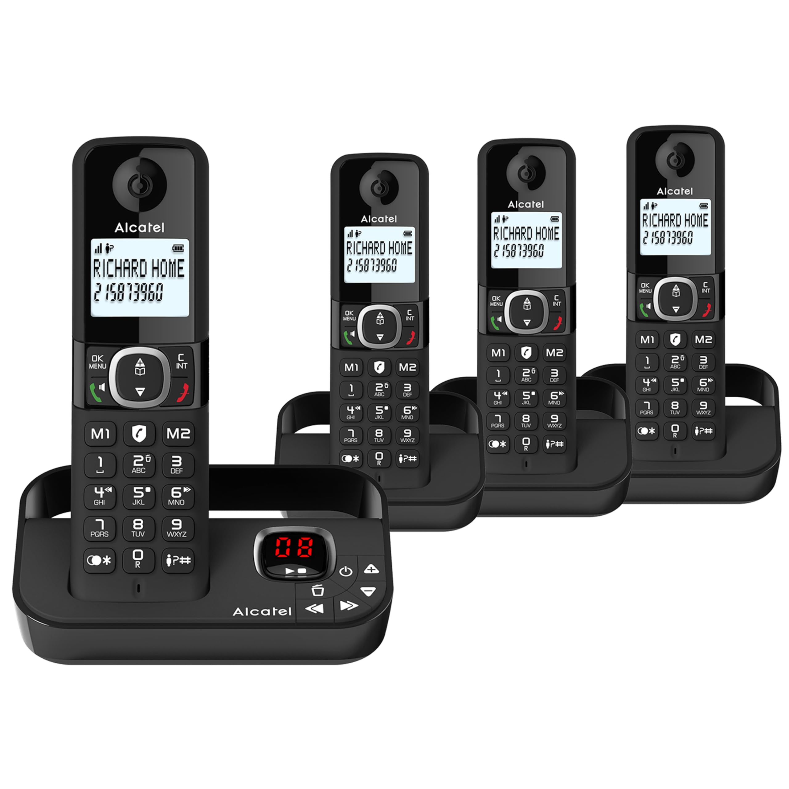 ALCATEL F860 Voice Quad - DECT Cordless Phone With Answering Machine - Large Backlit Display - Loudspeaker - Call Barring - 2 Direct Memory Keys - 4 Handsets - Black