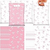 KEASKELL 50Pcs Pink White Bow Party Favor Bags Coquette Bow Plastic Goodie Treat Bags with Handles Girls Birthday Gifts Wrapping Bag for Wedding Baby Shower Engagement Party Supplies