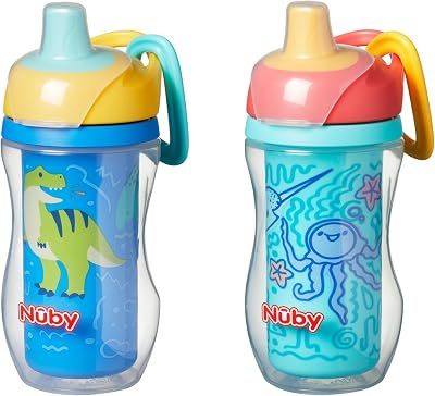 Nuby Insulated Sipper Cup Toddler Water Bottle 2-Pack 270ml 12M+ Dino