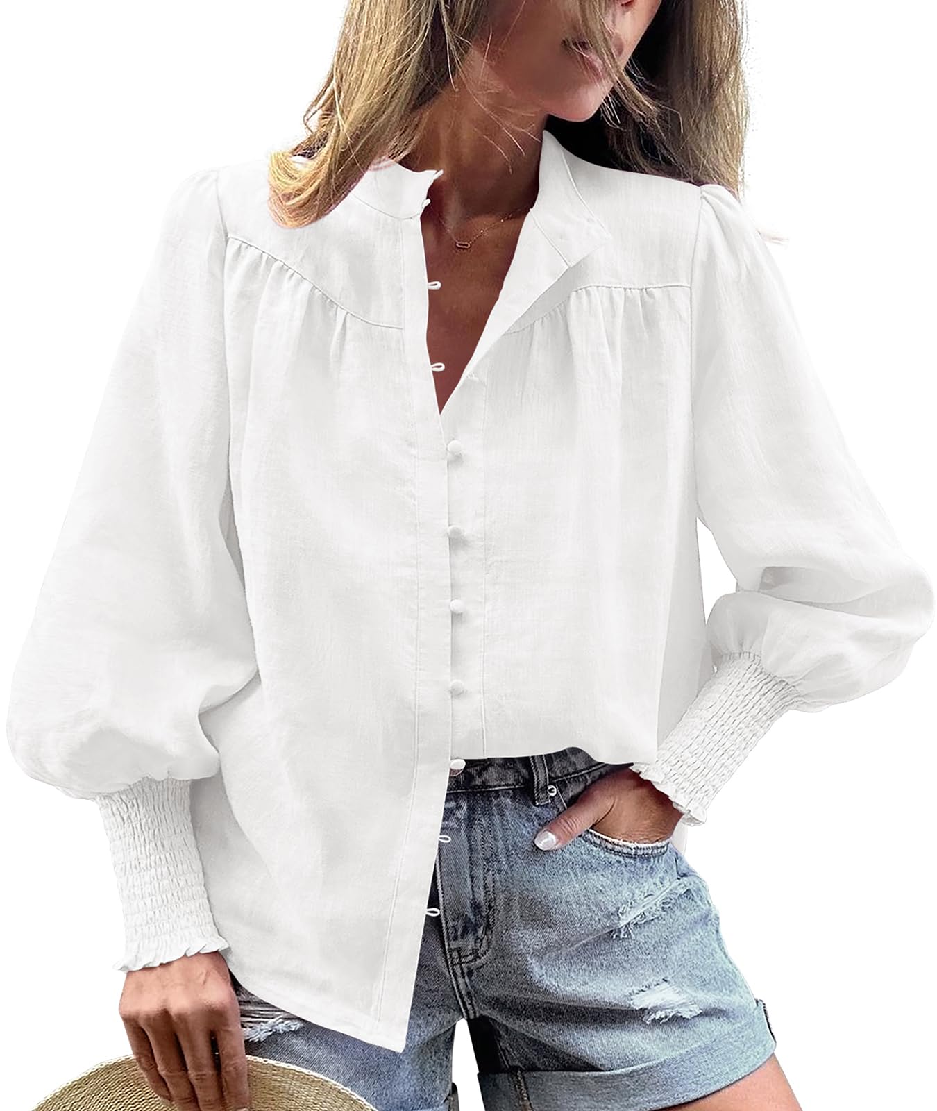 Photo 1 of **NEEDS TO BE CLEANED** PRETTYGARDEN Women’s Spring Long Sleeve Tops Dressy Casual Button Down Smocked Cuffed Office Business Work Blouses Shirts (White,M)